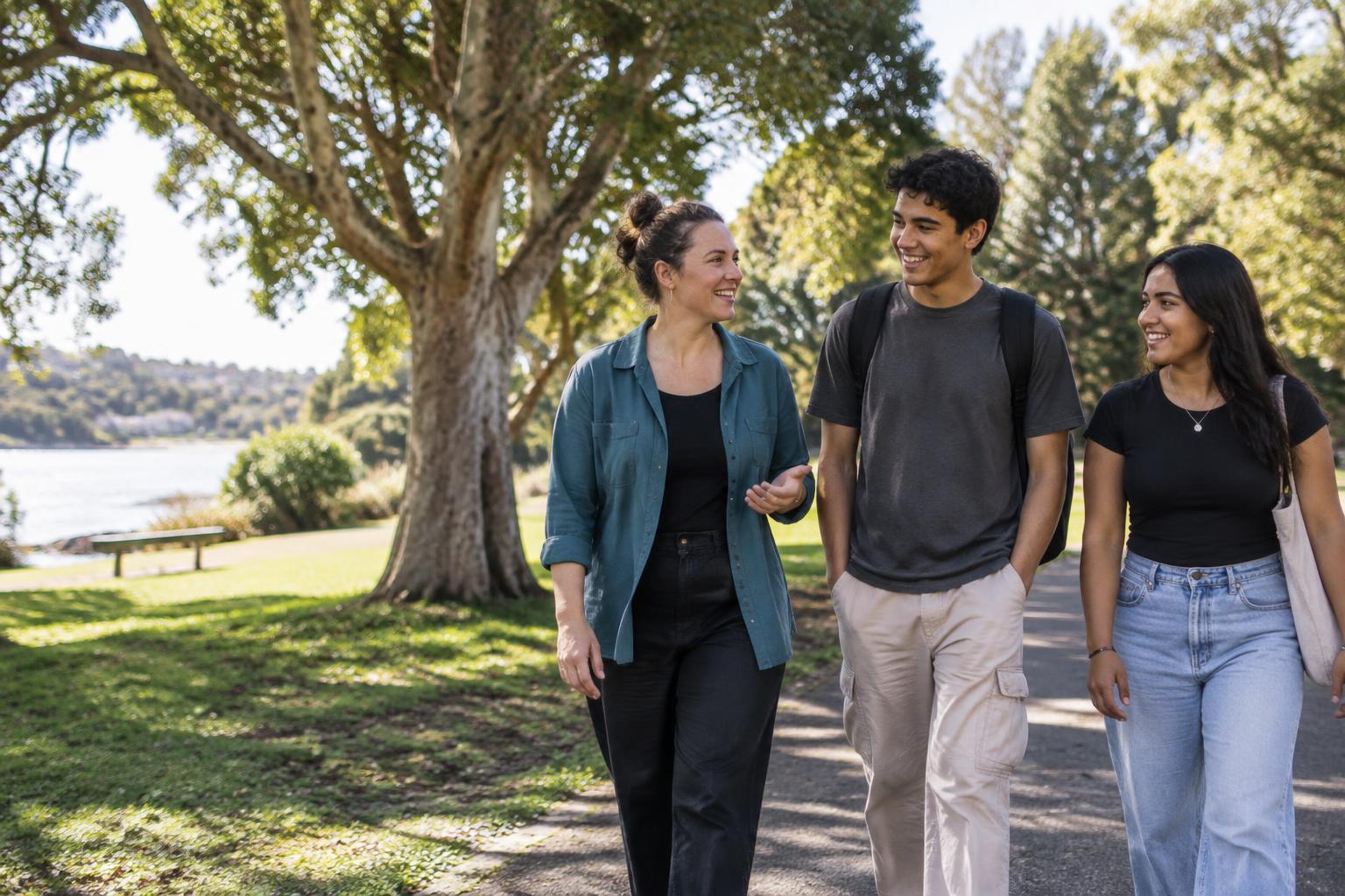 A mentor and young people connecting in a NSW park